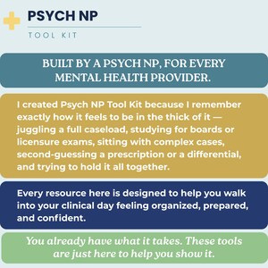 May include: A rectangular informational graphic titled PSYCH NP TOOL KIT with a yellow cross icon. It features four colored horizontal bars containing white text that describes resources for mental health providers, including clinical support.