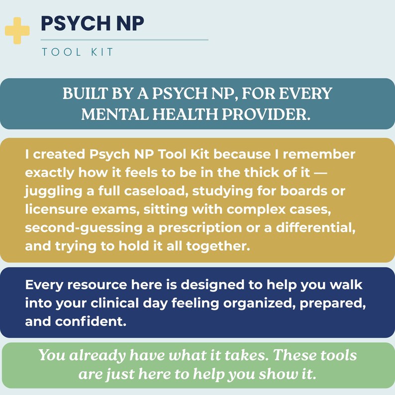 May include: A rectangular informational graphic titled PSYCH NP TOOL KIT with a yellow cross icon. It features four colored horizontal bars containing white text that describes resources for mental health providers, including clinical support.