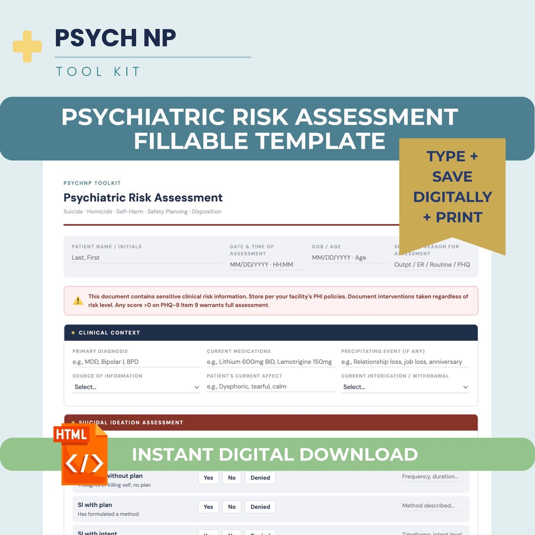 Psychiatric Risk Assessment Template Fillable PMHNP Suicide Safety Plan ...