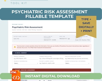 Psychiatric Risk Assessment Template Fillable PMHNP Suicide Safety Plan Stanley Brown Clinical Tool Editable Mental Health Evaluation