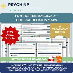 Peut inclure: Un kit d'outils Psych NP comprenant des cartes de décision clinique et de psychopharmacologie. La collection inclut 13 guides de traitement pour diverses catégories diagnostiques, sous forme de documents numériques avec icônes PDF et HTML.