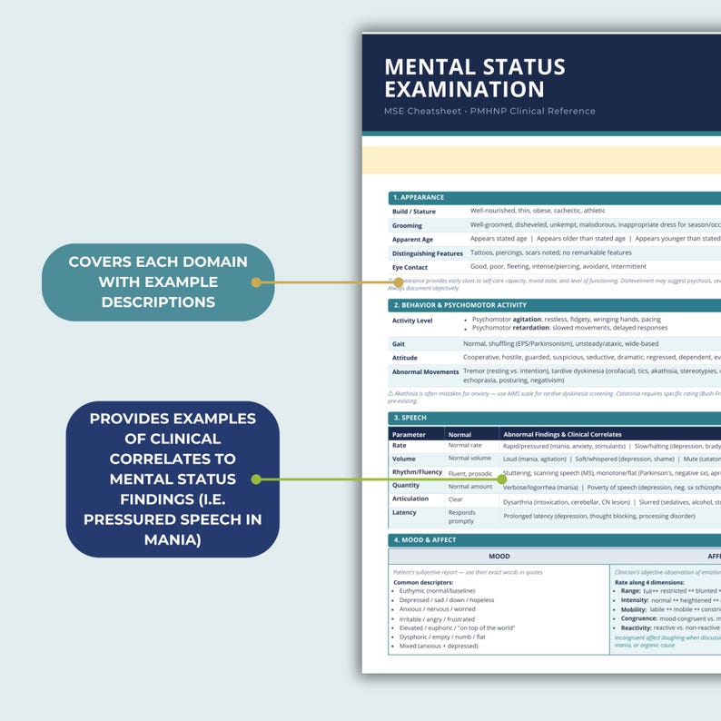 MSE Cheat Sheet Mental Status Examination Reference Printable PMHNP ...