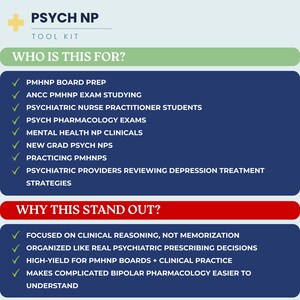 May include: A digital information graphic titled PSYCH NP TOOL KIT with a light blue background. It features two sections: WHO IS THIS FOR? in green and WHY THIS STAND OUT? in red, both listing bullet points with green checkmarks for psychiatric study.