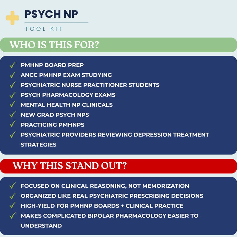 May include: A digital information graphic titled PSYCH NP TOOL KIT with a light blue background. It features two sections: WHO IS THIS FOR? in green and WHY THIS STAND OUT? in red, both listing bullet points with green checkmarks for psychiatric study.