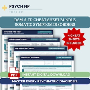 Könnte beinhalten: Ein digitales Psych NP-Toolkit mit vier DSM-5-TR-Spickzetteln für somatische Symptomstörungen. Die Dokumente enthalten Diagnose-Informationsblätter für faktive Störungen, Konversionsstörungen, somatische Symptomstörungen und Krankheitsangst.