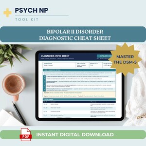May include: A digital diagnostic cheat sheet for Bipolar II Disorder, displayed on a tablet. The image includes the text "Psych NP Tool Kit" and "Instant Digital Download". A cup of coffee and a pen are on the table.