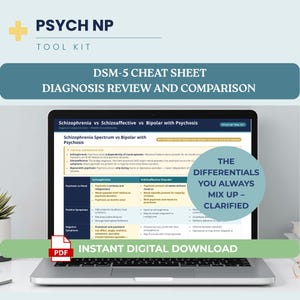 Op de afbeelding: Een laptop toont een DSM-5 cheat sheet die Schizofrenie, Schizoaffectieve stoornis en Bipolaire stoornis met Psychose vergelijkt. Het scherm toont een tabel met belangrijke verschillen. De tekst bevat "Directe digitale download".