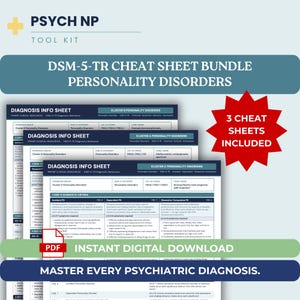 Peut inclure: Un ensemble numérique de trois fiches aide-mémoire DSM-5-TR sur les troubles de la personnalité pour le diagnostic psychiatrique. Les documents présentent des tableaux avec des groupes de diagnostic, des codes CIM-10 et des thèmes centraux.