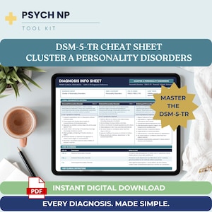 以下が含まれることがあります： クラスターAパーソナリティ障害のDSM-5-TRチートシートを表示するデジタルタブレット。画面には診断基準、ICD-10コード、臨床的特徴が記載されています。金色の星型グラフィックには「Master the DSM-5-TR」と書かれています。