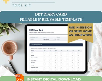 DBT Diary Card Fillable Weekly Dialectical Behavior Therapy Skills Tracker Emotion Log Mindfulness for Therapist PMHNP Private Practice