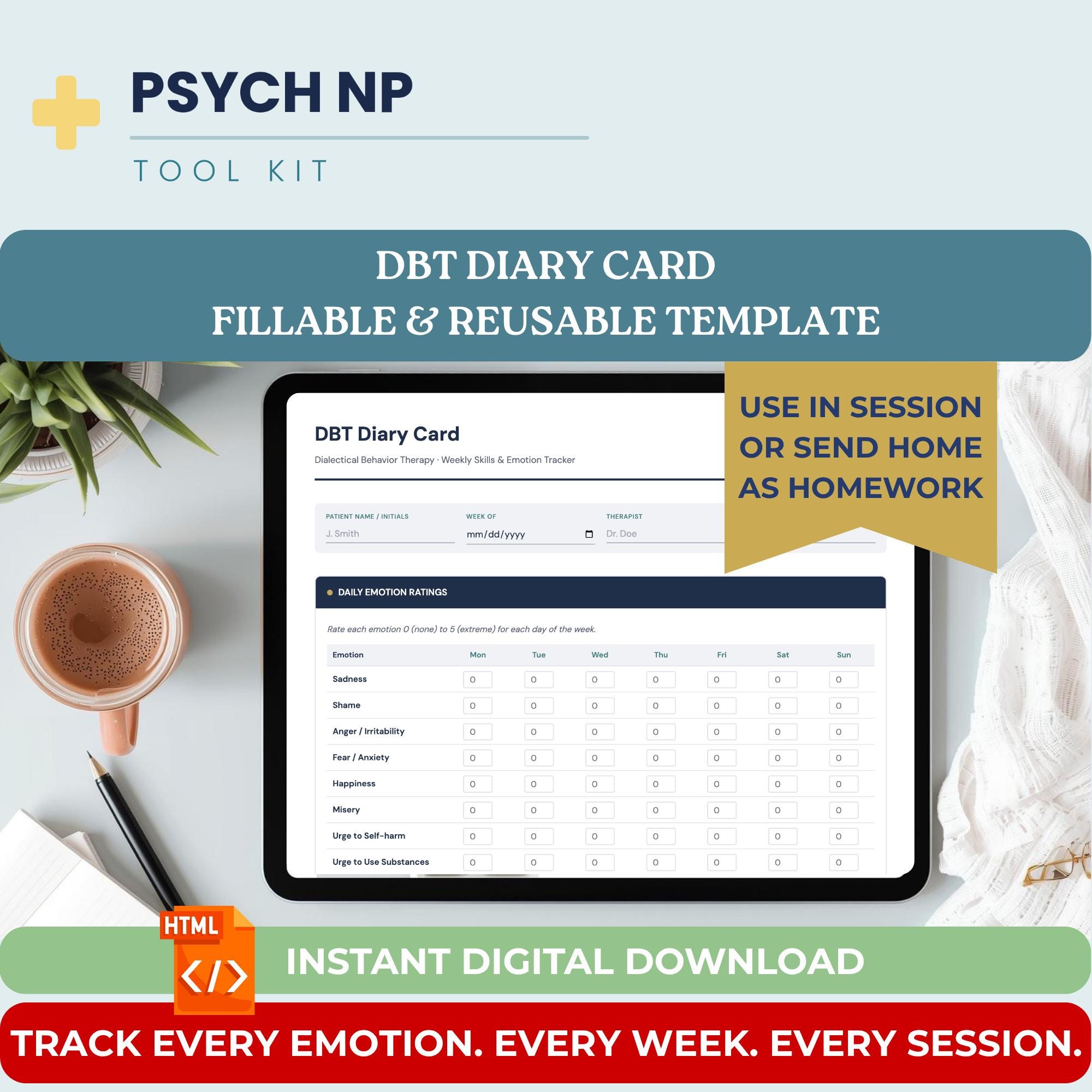 DBT Diary Card Fillable Weekly Dialectical Behavior Therapy Skills ...