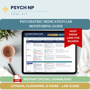 May include: A digital tablet displays a "Psychiatric Medication Lab Monitoring Guide." The screen shows detailed medical information. The image includes a coffee cup, pen, and a PDF icon with the text "Instant Digital Download."