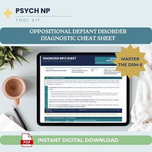 Può includere: Un tablet digitale mostra un foglio di trucchi diagnostici per il disturbo oppositivo provocatorio. Una tazza di caffè, una penna e una pianta sono sulla scrivania. Il testo "Download digitale istantaneo" è visibile.