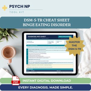 以下が含まれることがあります： デジタルタブレットに、Psych NPツールキットの過食性障害に関するDSM-5-TRチートシートが表示されています。画面には診断基準、ICD-10コード、および「Master the DSM-5-TR」というテキストが書かれた金色の星型グラフィックが表示されています。PDFアイコンも確認できます。