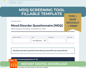 MDQ Mood Disorder Questionnaire Interactive Template for PMHNP Therapist | Bipolar Screening Tool Score Calculator Template