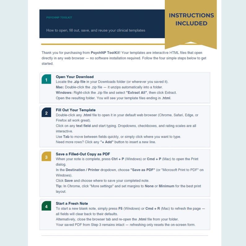 May include: A white instructional document titled PsychNP ToolKit with a gold banner stating Instructions Included. It outlines four steps for using interactive HTML clinical templates, including opening files, filling out fields, saving as PDF, and refreshing.