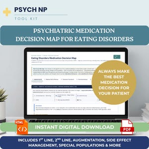 May include: A laptop screen displaying a Psychiatric Medication Decision Map for Eating Disorders. The interface includes clinical decision support text, a gold circular badge with text, and icons for HTML and PDF instant digital downloads.