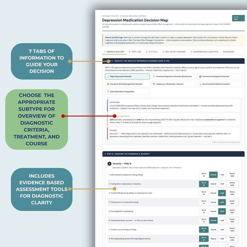 May include: A digital Depression Medication Decision Map document featuring seven navigation tabs, diagnostic subtype selection options, and a PHQ-9 severity assessment tool with multiple-choice response columns for clinical decision support.