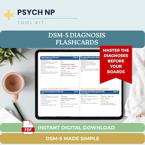 May include: A digital tablet displaying DSM-5 diagnosis flashcards, with the text "DSM-5 DIAGNOSIS FLASHCARDS" and "MASTER THE DIAGNOSES BEFORE YOUR BOARDS". A coffee cup, pen, and PDF icon are also visible.