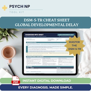 以下が含まれることがあります： デジタルタブレットには、DSM-5-TR基準、臨床指標、ICD-10コードを含む、全般的発達遅延に関するPsych NP Tool Kit診断情報シートが表示されています。金色の星型グラフィックにはMaster the DSM-5-TRと書かれています。