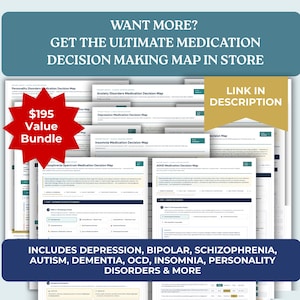 May include: A collection of medical decision-making maps featuring titles such as Personality Disorders, Anxiety, Depression, Insomnia, Schizophrenia, and ADHD. The documents include text, charts, and diagnostic steps for clinical use.