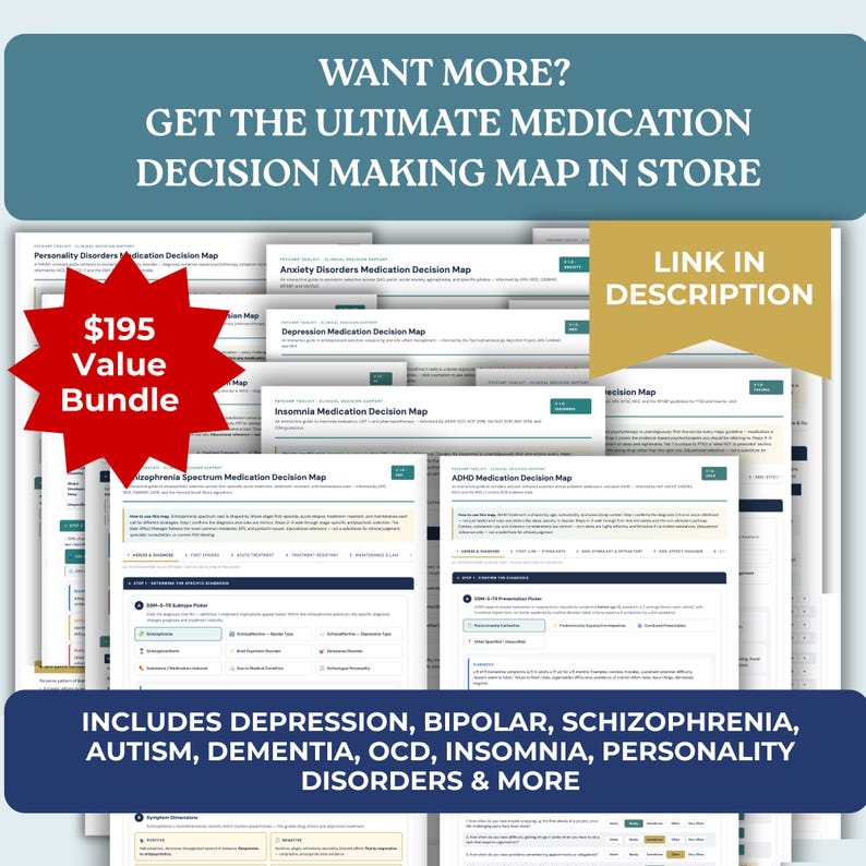 May include: A collection of medical decision-making maps featuring titles such as Personality Disorders, Anxiety, Depression, Insomnia, Schizophrenia, and ADHD. The documents include text, charts, and diagnostic steps for clinical use.