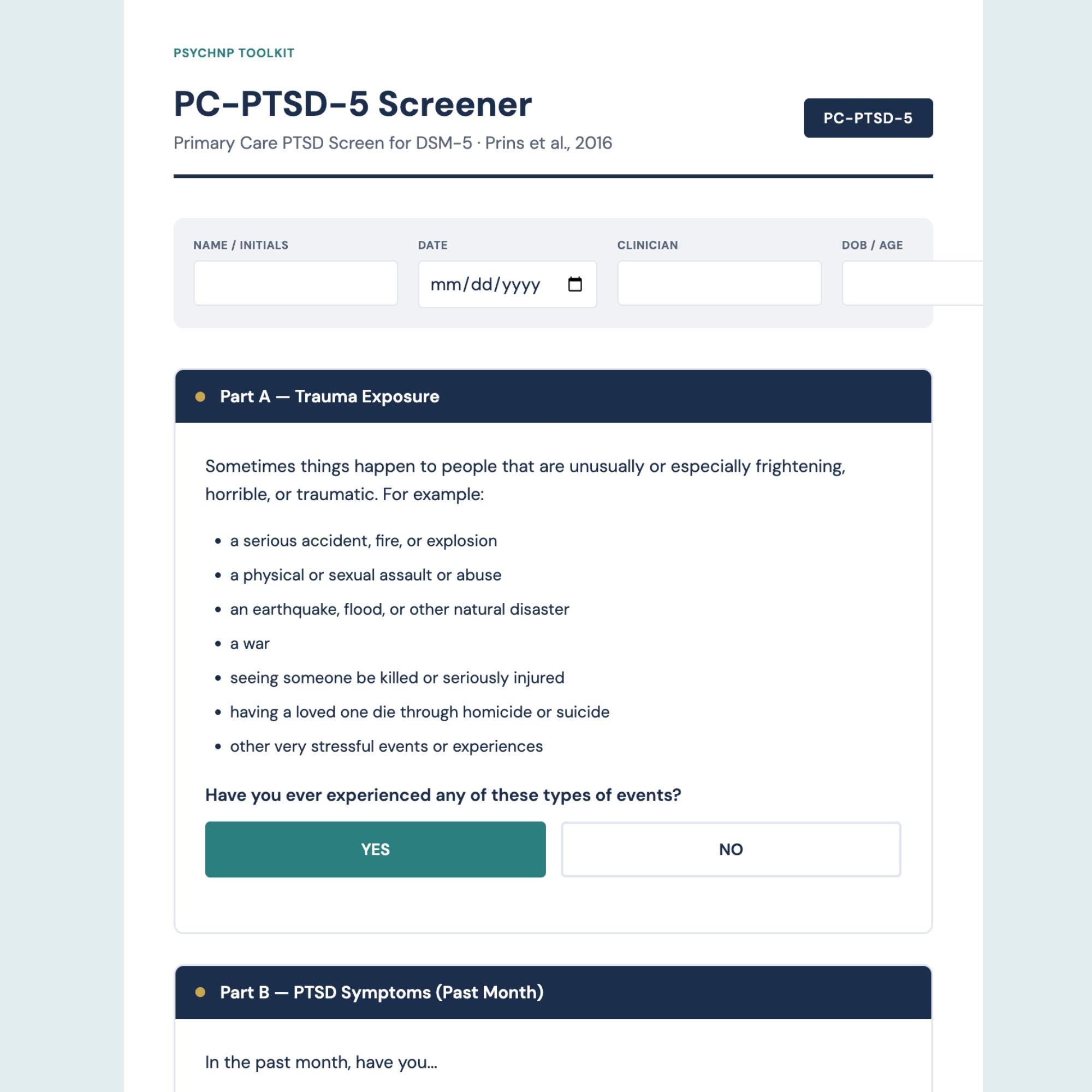 PTSD Screener Fillable Template for PMHNP Therapist | Post-traumatic ...