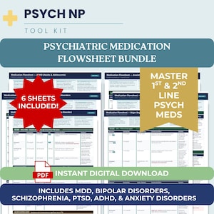 May include: A digital download bundle titled "Psychiatric Medication Flowsheet." The image features several flowsheets, a red starburst that says "6 Sheets Included!", and text that reads "Master 1st & 2nd Line Psych Meds." The bundle includes MDD, Bipolar Disorders, Schizophrenia, PTSD, ADHD, & Anxiety Disorders.