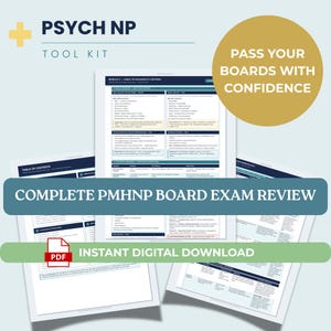 Peut inclure: Un kit d'outils numérique pour la préparation à l'examen Psych NP. L'image présente des documents avec le contenu de l'examen, une icône PDF et le texte "COMPLETE PMHNP BOARD EXAM REVIEW" et "INSTANT DIGITAL DOWNLOAD". Un cercle doré indique "PASS YOUR BOARDS WITH CONFIDENCE".