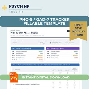 May include: A digital PHQ-9/GAD-7 tracker template with fillable fields for depression and anxiety symptom monitoring. The template includes scoring keys and a patient health questionnaire. The design features a blue and white color scheme with the text "Instant Digital Download."