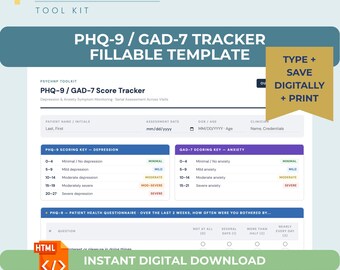 PHQ 9 GAD 7  Tracker Fillable Template Automatic Scoring PMHNP Mental Health Assessment Tool Anxiety Depression Score Chart Editable