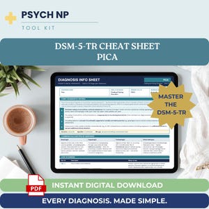 以下が含まれることがあります： Pica診断用のDSM-5-TRチートシートを含むPsych NPデジタルツールキット。文書には診断基準、物質別の一般的なサブタイプ、ICD-10コードが表示されています。金色の星型グラフィックにはMaster the DSM-5-TRと記載されています。即時デジタルダウンロード。