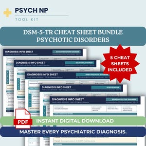 Peut inclure: Un ensemble numérique de cinq fiches mémo DSM-5-TR sur les troubles psychotiques. Les documents présentent des fiches d'information de diagnostic pour la schizophrénie, les troubles schizo-affectifs, délirants, psychotiques brefs et schizophréniformes.