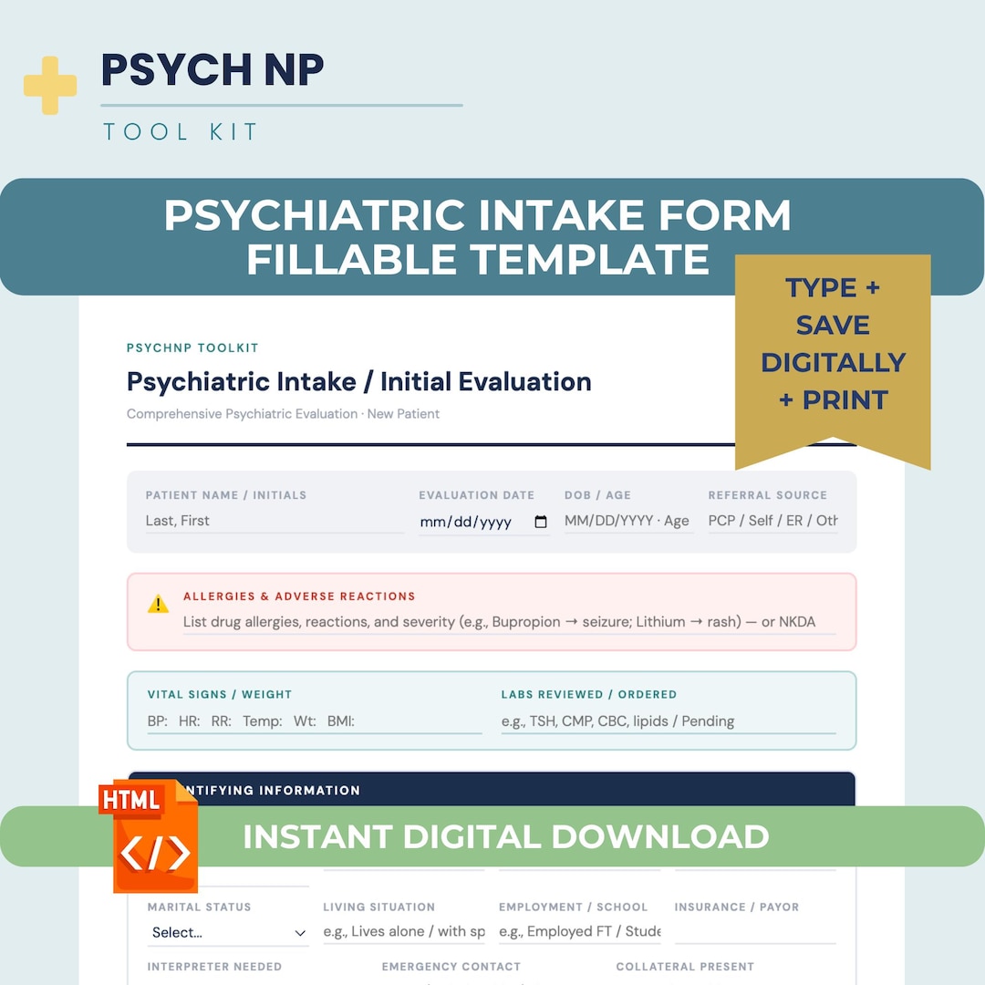 Psychiatric Intake Form Template Fillable PMHNP Mental Health ...