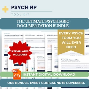 Może przedstawiać: Cyfrowy pakiet do dokumentacji psychiatrycznej, z tekstem "PSYCH NP TOOL KIT" i "THE ULTIMATE PSYCHIATRIC DOCUMENTATION BUNDLE." Zawiera 9 szablonów, z tekstem "EVERY PSYCH FORM YOU WILL EVER NEED" i "INSTANT DIGITAL DOWNLOAD."