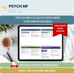 Op de afbeelding: Een digitale tablet toont flashcards voor PMHNP-boards, met de tekst "PSYCH MED CLASS FLASHCARDS FOR PMHNP BOARDS." Een koffiekopje, pen en PDF-pictogram zijn ook zichtbaar. De afbeelding bevat de tekst "INSTANT DIGITAL DOWNLOAD" en "HIGH-YIELD PHARM REVIEW."