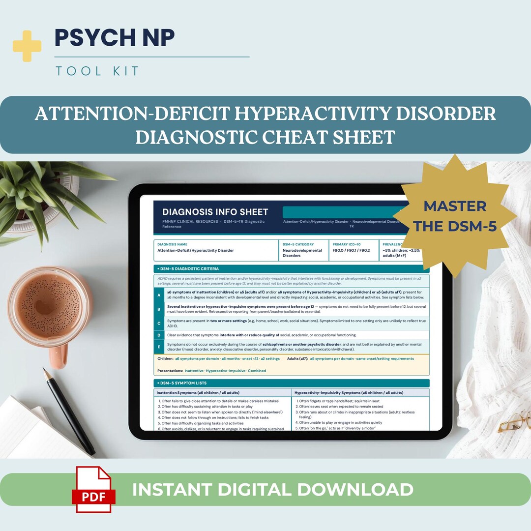 ADHD DSM-5 Cheat Sheet Printable PMHNP Study Guide Attention Deficit ...