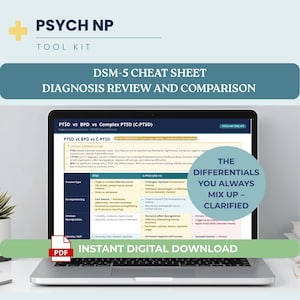 Peut inclure: Un ordinateur portable affiche une fiche de triche DSM-5 comparant le SSPT, le TPL et le SSPT complexe. L'écran montre des informations sur le diagnostic, la révision et la comparaison. Le texte "Téléchargement numérique instantané" est visible.