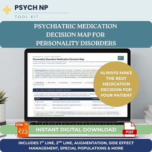 May include: A digital psychiatric medication decision map for personality disorders displayed on a laptop screen. The document includes sections on DSM-5-TR frameworks, clusters, and clinical guidance. A gold circle overlay reads, Always make the best medication decision for your patient. Includes HTML and PDF icons.