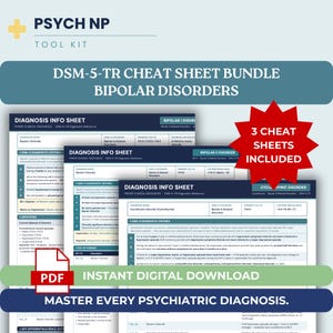 Peut inclure: Un kit d'outils numérique pour infirmiers en psychiatrie comprenant trois fiches mémo DSM-5-TR sur les troubles bipolaires. Les documents présentent des fiches d'information avec critères diagnostiques, codes CIM-10 et spécificateurs. Une étoile rouge indique 3 CHEAT SHEETS INCLUDED.