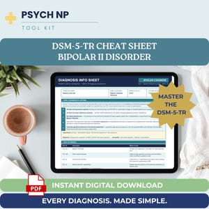 Peut inclure: Une tablette numérique affichant une fiche d'information sur le diagnostic du trouble bipolaire II avec les critères DSM-5-TR et les codes CIM-10. L'écran présente un en-tête bleu foncé, un graphique en étoile dorée et un tableau clinique.