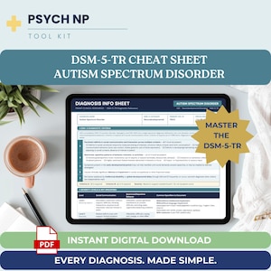以下が含まれることがあります： 自閉スペクトラム症のDSM-5-TR診断情報シートを表示するデジタルタブレット。画面には診断基準、重症度レベル、および特定項目が表示されています。金色の星型グラフィックにはMaster the DSM-5-TRと書かれています。上部にPsych NP Tool Kitというテキストが見えます。