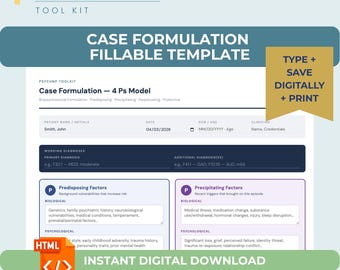 Psychiatric Case Formulation Template Fillable 4 Ps PMHNP Clinical Tool Editable Mental Health Assessment for Students and Providers