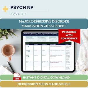 Könnte beinhalten: Ein digitales Tablet zeigt eine Medikamenten-Cheat-Sheet für Major Depression Disorder an. Das Bild enthält den Text "PSYCH NP TOOL KIT" und "PRESCRIBE WITH CONFIDENCE". Eine Tasse Kaffee und ein Stift liegen auf dem Tisch.