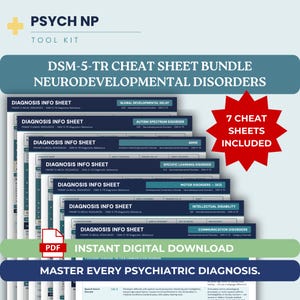 Peut inclure: Un ensemble numérique de sept fiches aide-mémoire DSM-5-TR sur les troubles neurodéveloppementaux. Chaque fiche d'information de diagnostic présente des ressources cliniques, des critères et codes ICD-10. Inclut une étoile rouge et icône PDF.