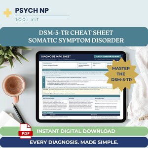 May include: A digital tablet displays a Psych NP Tool Kit diagnosis info sheet for Somatic Symptom Disorder, featuring DSM-5-TR diagnostic criteria, specifiers, and ICD-10 codes. A gold starburst graphic reads Master the DSM-5-TR.
