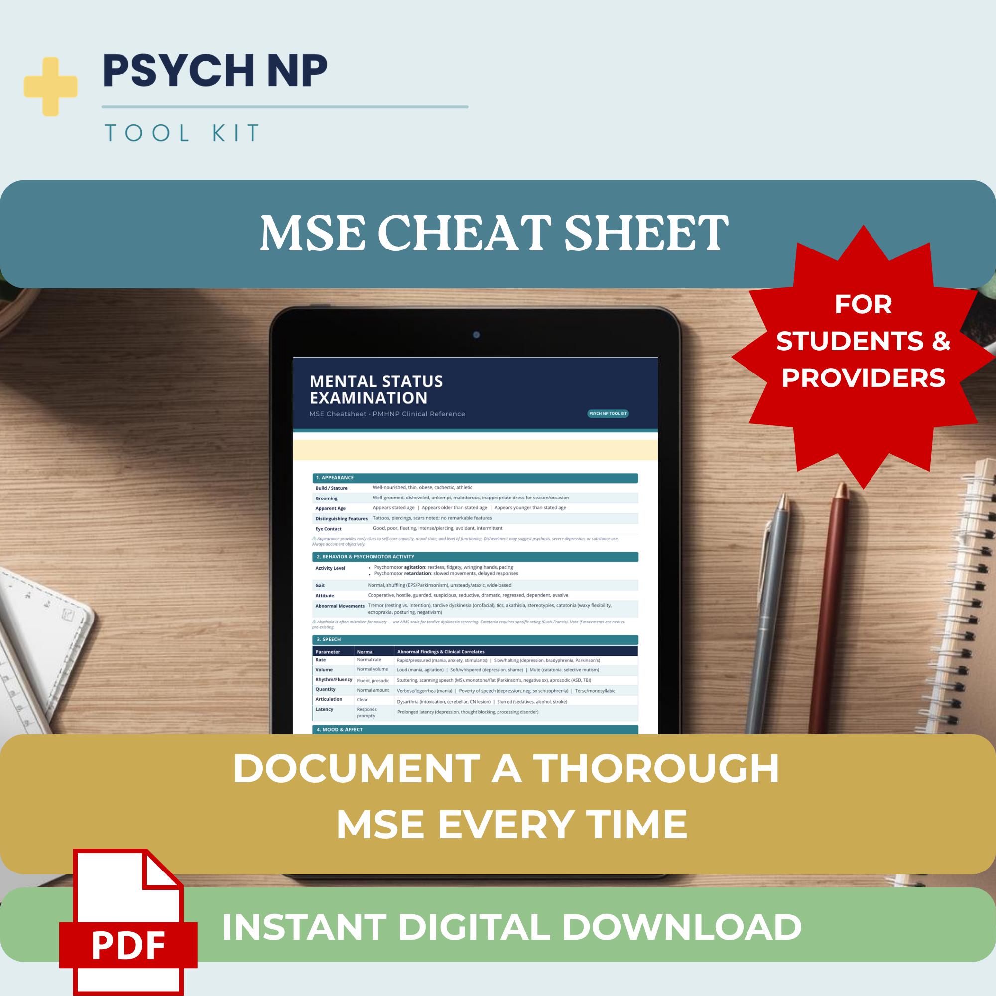 MSE Cheat Sheet Mental Status Examination Reference Printable PMHNP ...