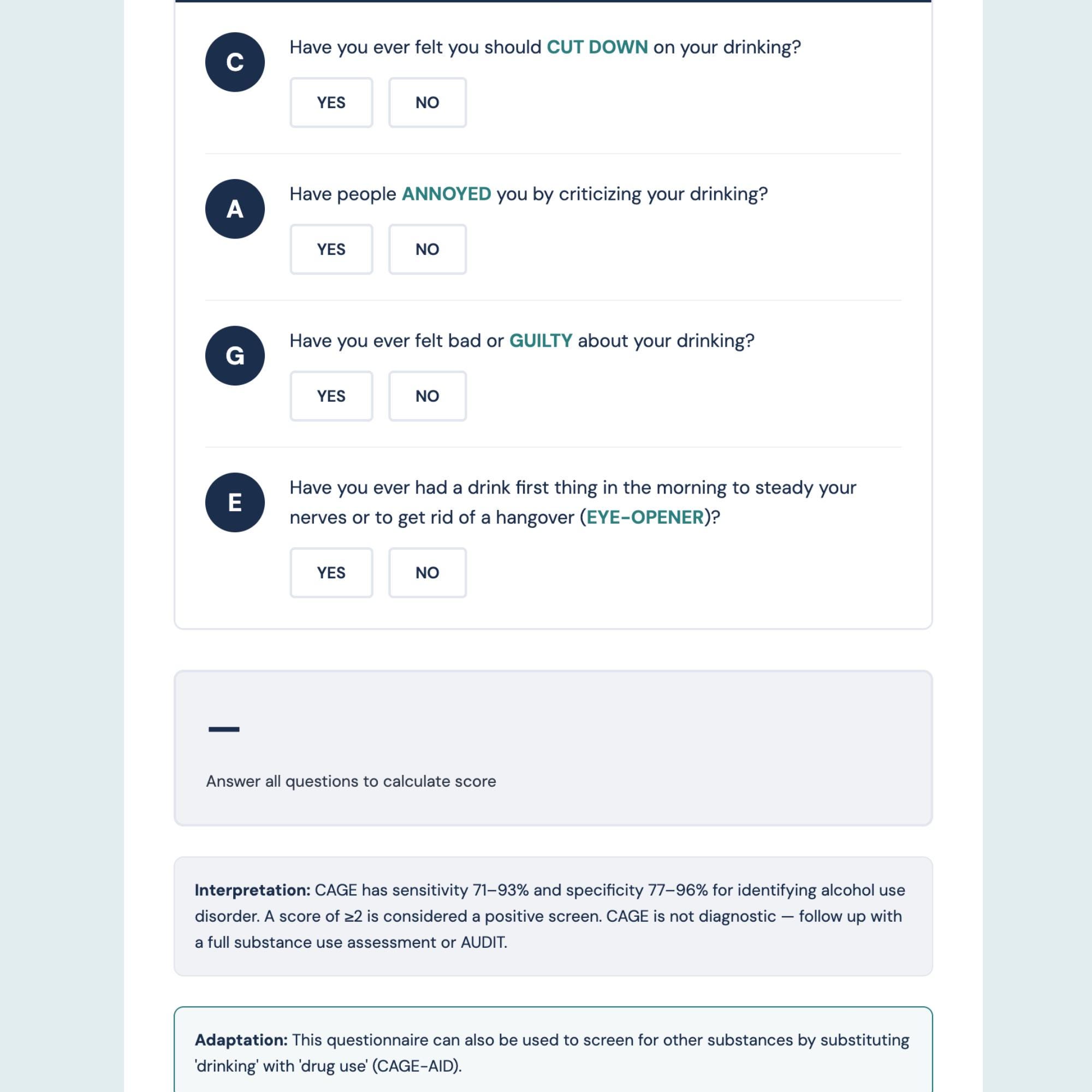 CAGE Questionnaire Interactive Template for PMHNP Therapist | Alcohol ...