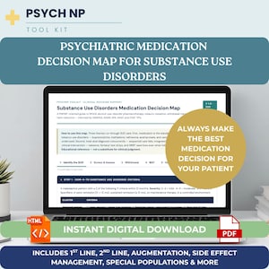 May include: A digital Psych NP toolkit featuring a Substance Use Disorders Medication Decision Map displayed on a laptop screen. The document includes clinical decision support, DSM-5-TR criteria, and medication management guidelines for patients.