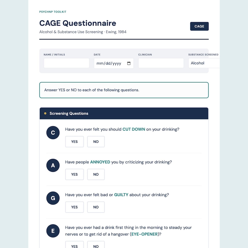 CAGE Questionnaire Interactive Template for PMHNP Therapist | Alcohol ...